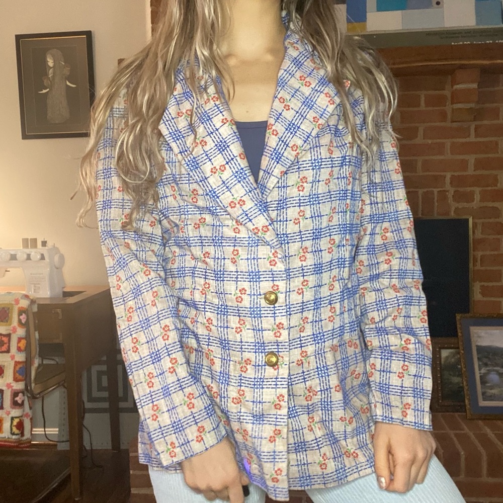 Vintage 1970s Daisy Floral Plaid 3 Button Statement Blazer Oversized Han… - Picture 2 of 15